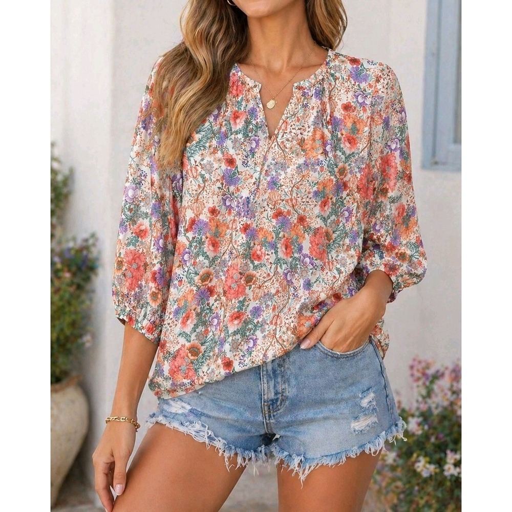 Lucy & Laurel Womens M Floral Rayon Peasant Blouse Boho Cottagecore Top